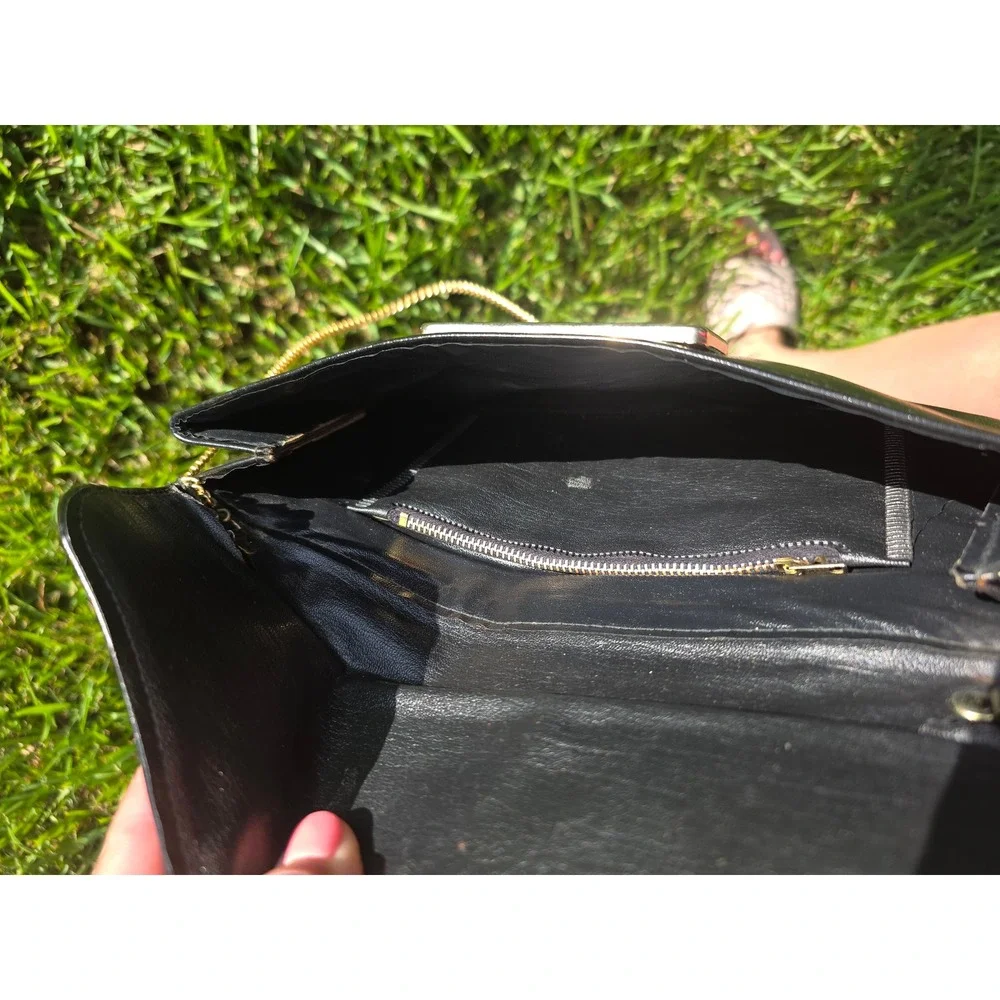 Vintage Black Leather Envelope Clutch Amber Triangle Gold Chain Crossbody Bag